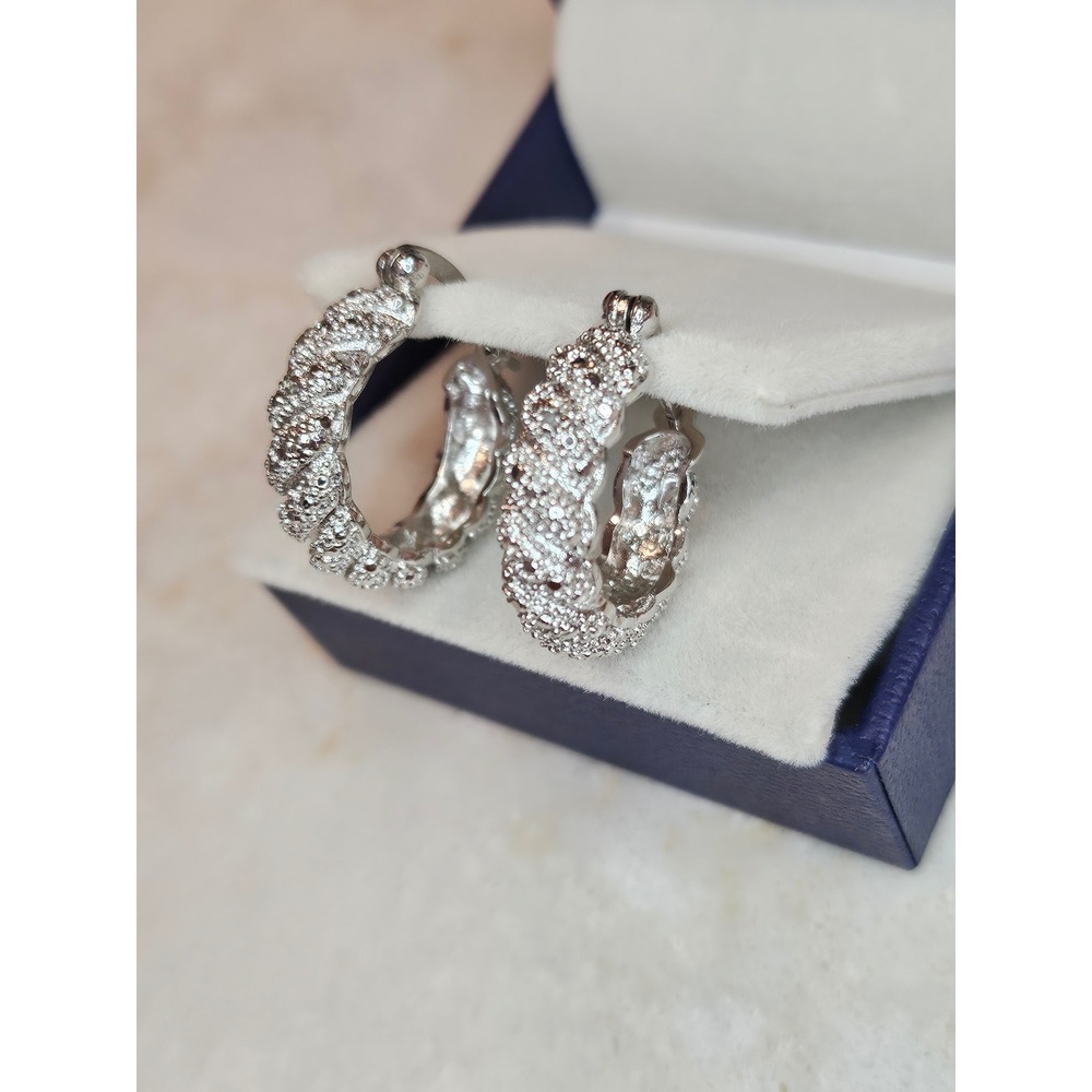 Cubic Zirconia Hoop Earrings Pave‎ Set Twisted Rope Design Silver